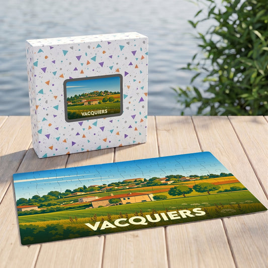 Puzzle souvenir de la ville de Vacquiers avec une illustration paysagère stylisée.