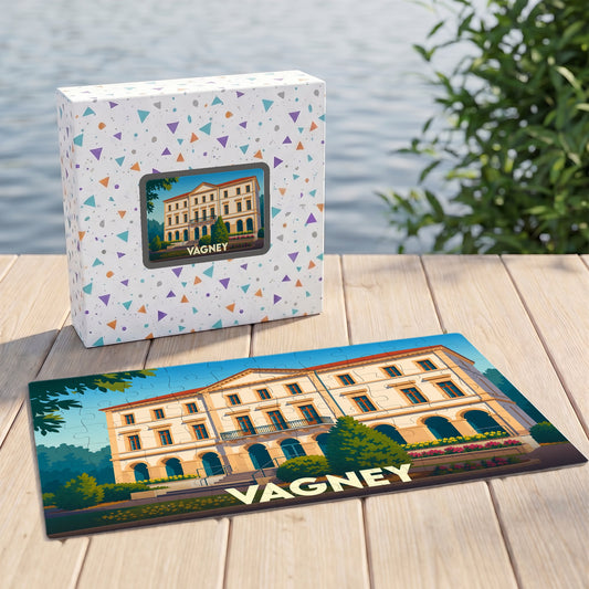 Puzzle souvenir de la ville de Vagney avec une illustration stylisée de l'hôtel de ville.