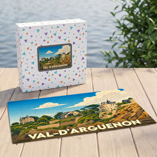 Puzzle souvenir de la ville de Val-d'Arguenon avec une illustration stylisée de son paysage côtier.