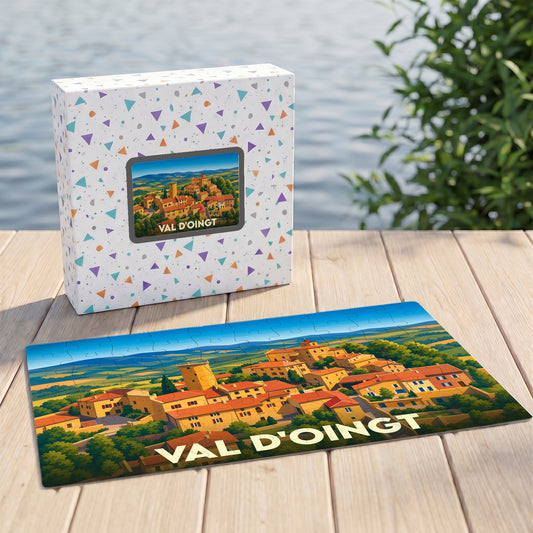 Puzzle souvenir de la ville de Val d'Oingt avec une illustration colorée de ses paysages et villages.