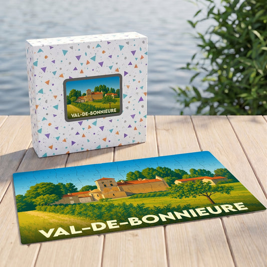 Puzzle souvenir de la ville de Val-de-Bonnieure avec une illustration stylisée de son paysage et de ses bâtiments.