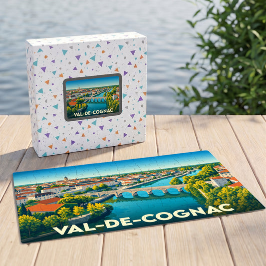 Puzzle souvenir de la ville de Val-de-Cognac avec une illustration stylisée d'un paysage fluvial.