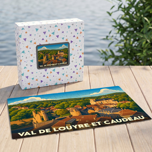 Puzzle souvenir de la ville de Val de Louyre et Caudeau avec une illustration stylisée de son paysage urbain.