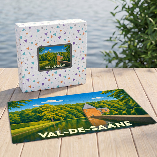 Puzzle souvenir de la ville de Val-de-Saâne avec une illustration colorée représentant un château au bord de l'eau.