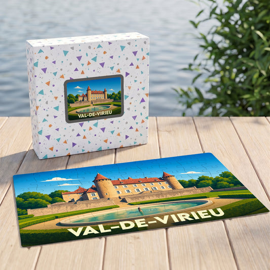 Puzzle souvenir de la ville de Val-de-Virieu avec une illustration stylisée de son château.