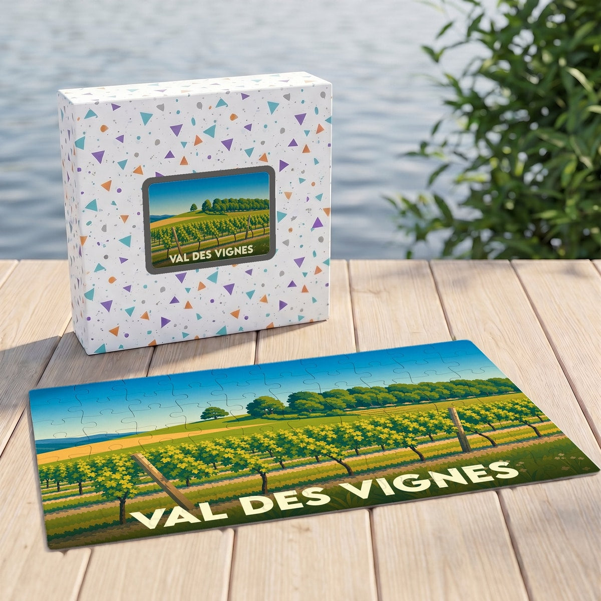 Puzzle souvenir de la ville de Val des Vignes illustrant un paysage de vignobles stylisé.