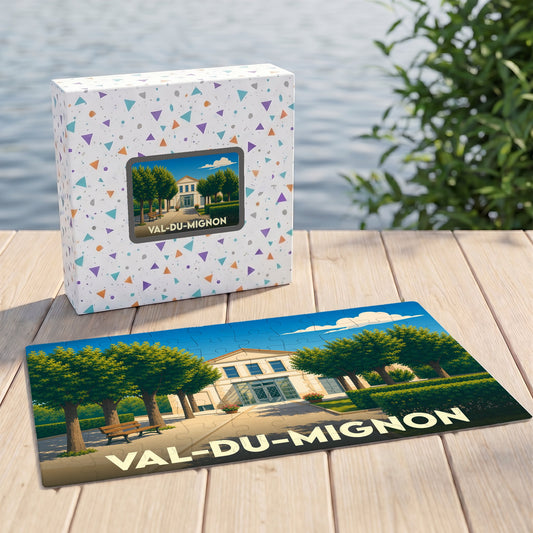 Puzzle souvenir de la ville de Val-du-Mignon avec une illustration colorée d'un bâtiment et son jardin.