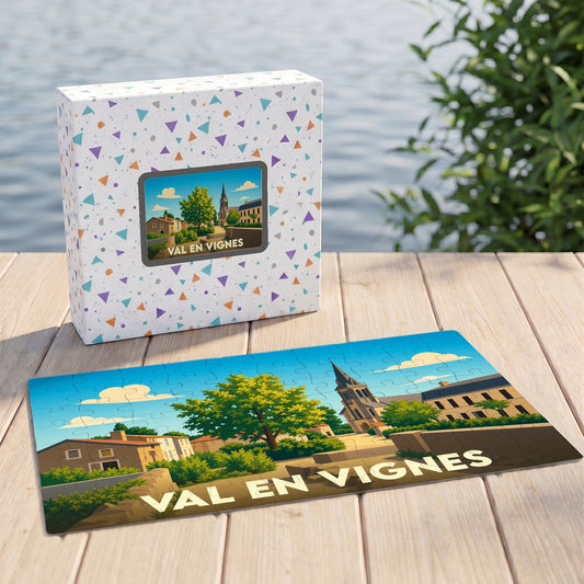 Puzzle souvenir de la ville de Val en Vignes présentant une illustration stylisée d'un paysage urbain paisible.