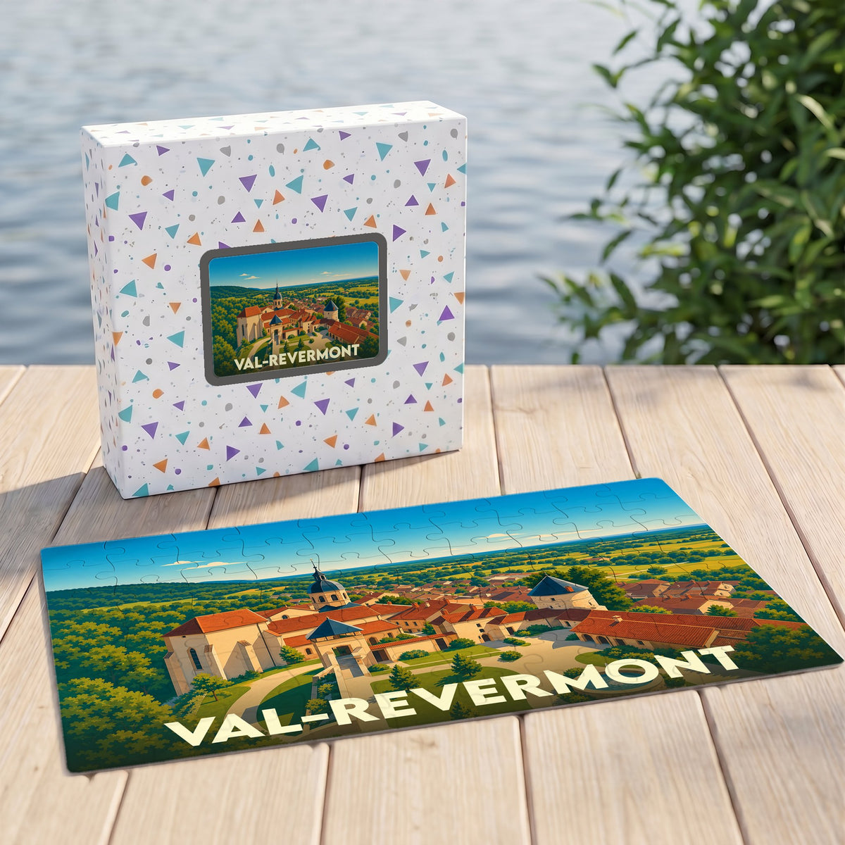 Puzzle souvenir de la ville de Val-Revermont représentant une illustration panoramique et colorée du village.