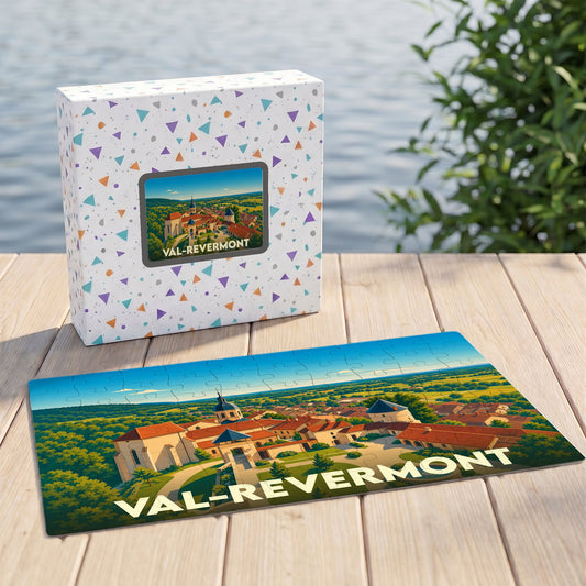 Puzzle souvenir de la ville de Val-Revermont représentant une illustration panoramique et colorée du village.