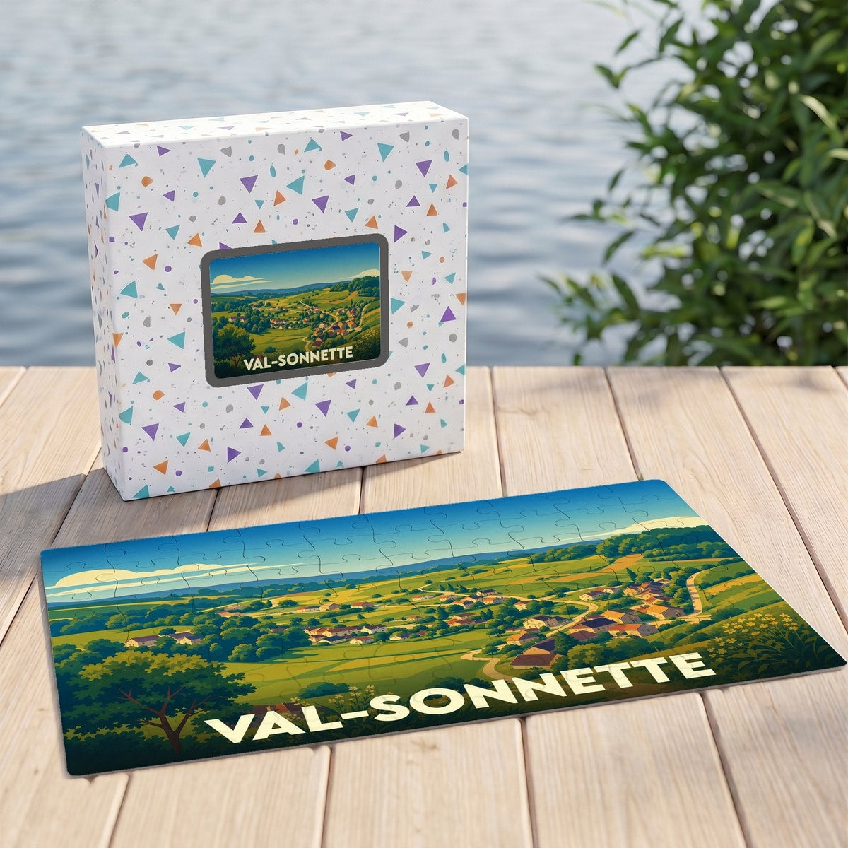 Puzzle souvenir de la commune de Val-Sonnette avec une illustration de ses paysages vallonnés.