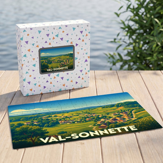Puzzle souvenir de la commune de Val-Sonnette avec une illustration de ses paysages vallonnés.