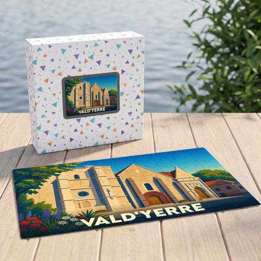 Puzzle souvenir de la ville de Vald'Yerre avec une illustration stylisée d'un monument historique.