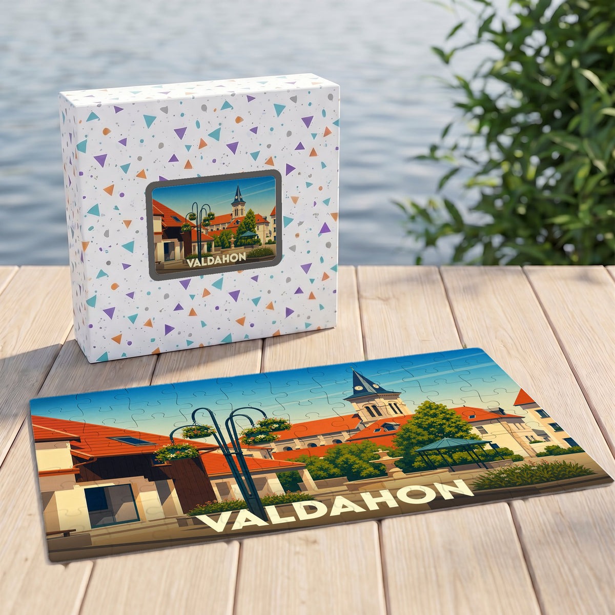 Puzzle souvenir de la ville de Valdahon avec une illustration stylisée et sa boîte assortie.