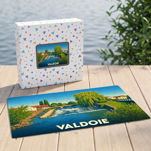 Puzzle souvenir de la ville de Valdoie illustrant un paysage de rivière avec son nom inscrit en lettres capitales.