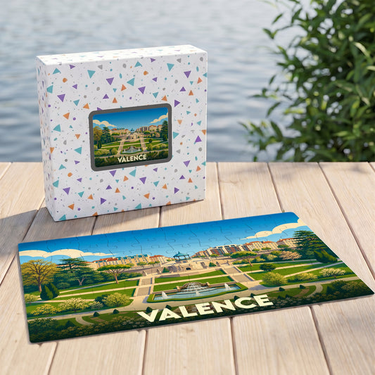 Puzzle souvenir de la ville de Valence avec une illustration stylisée d'un parc et de sa fontaine.