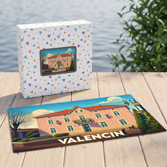 Puzzle souvenir de la ville de Valencin avec une illustration stylisée d'un bâtiment emblématique.