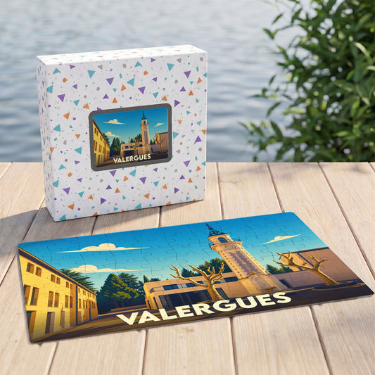 Puzzle souvenir de la ville de Valergues avec une illustration stylisée et sa boîte assortie.