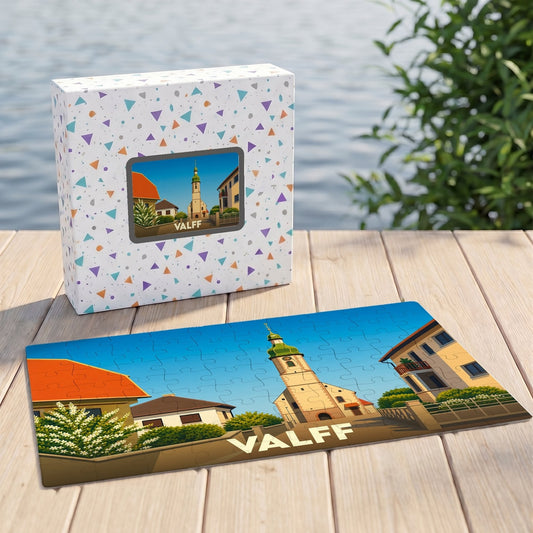 Puzzle souvenir de la ville de Valff avec une illustration stylisée de son église.