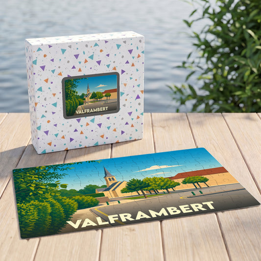 Puzzle souvenir de la ville de Valframbert avec une illustration stylisée et colorée.