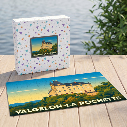 Puzzle souvenir de la ville de Valgelon-La Rochette représentant son château avec une illustration stylisée.