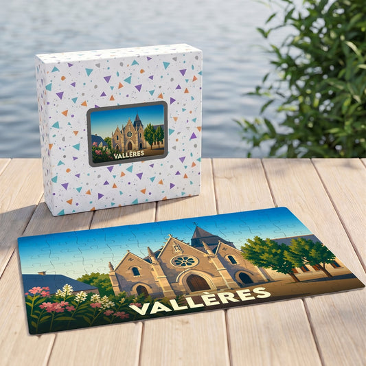 Puzzle souvenir de la ville de Vallères avec une illustration stylisée de son église.