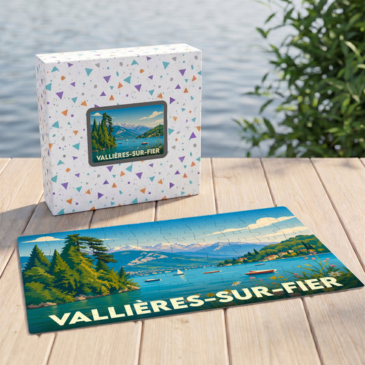 Puzzle souvenir de la ville de Vallières-sur-Fier avec une illustration stylisée de paysage lacustre.
