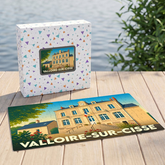 Puzzle souvenir de la ville de Valloire-sur-Cisse avec une illustration stylisée de sa mairie.