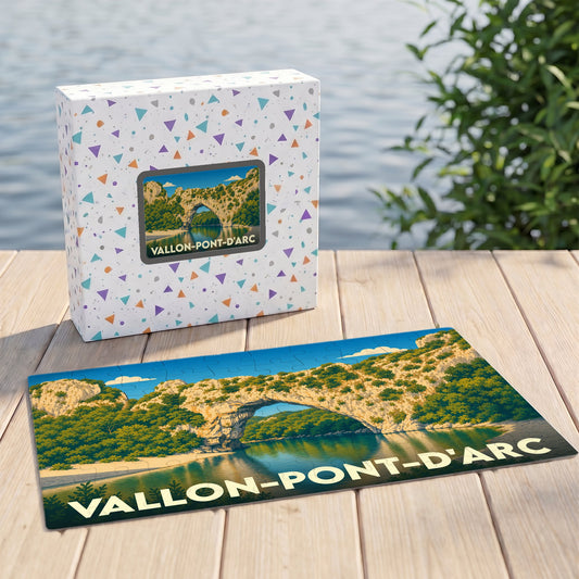 Puzzle souvenir de la ville de Vallon-Pont-d'Arc illustrant l'arche naturelle du Pont d'Arc.