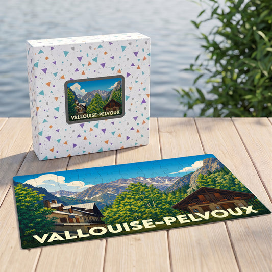 Puzzle souvenir de la ville de Vallouise-Pelvoux avec une illustration de paysage montagneux.