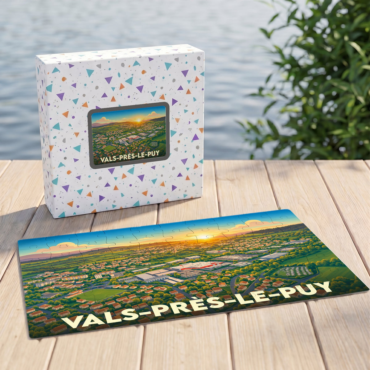 Puzzle souvenir de la ville de Vals-près-le-Puy avec une illustration panoramique au coucher du soleil.