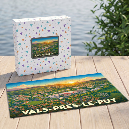 Puzzle souvenir de la ville de Vals-près-le-Puy avec une illustration panoramique au coucher du soleil.
