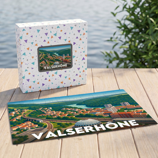 Puzzle souvenir de la ville de Valserhône avec une illustration stylisée et colorée.