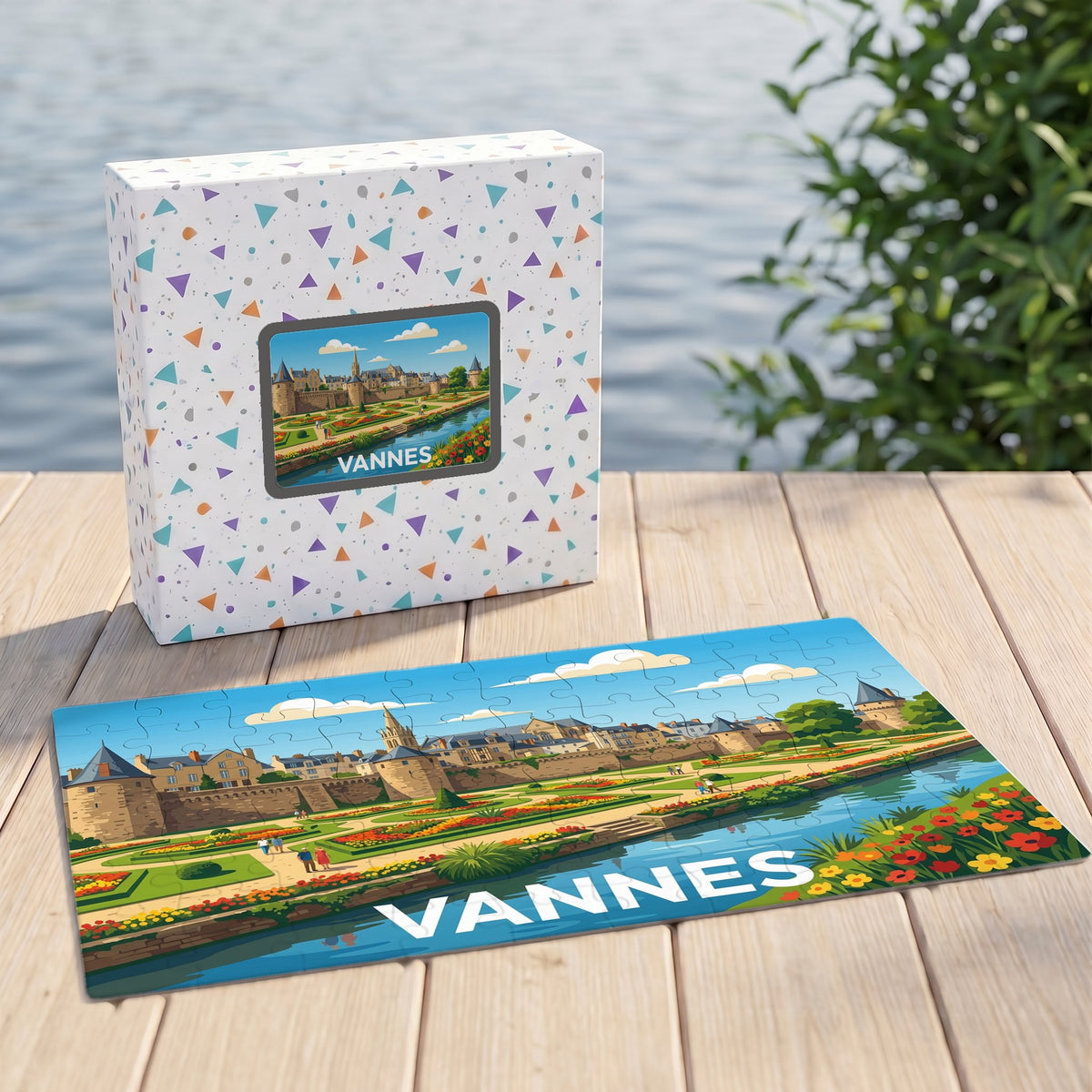 Puzzle souvenir de la ville de Vannes avec une illustration colorée de ses remparts et jardins.