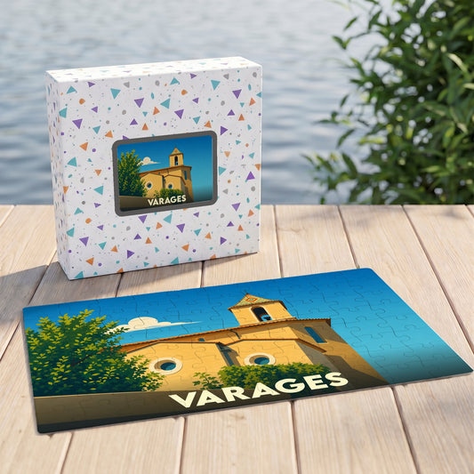 Puzzle souvenir de la ville de Varages avec une illustration stylisée de son église provençale.