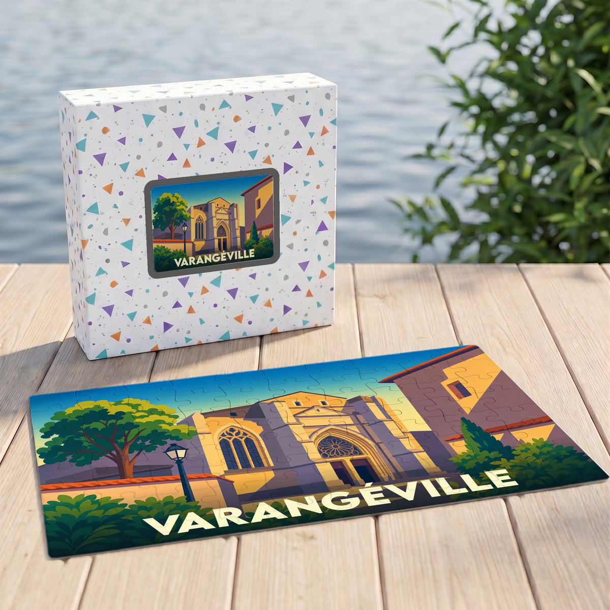 Puzzle souvenir de la ville de Varangéville avec son illustration stylisée et sa boîte assortie.