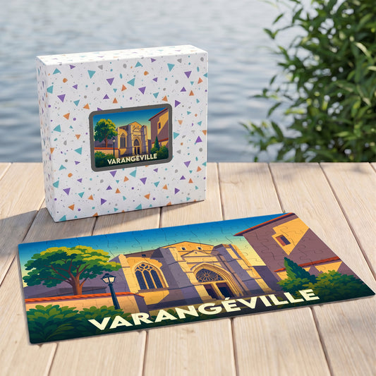 Puzzle souvenir de la ville de Varangéville avec son illustration stylisée et sa boîte assortie.