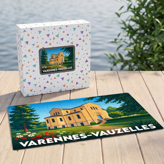 Puzzle souvenir de la ville de Varennes-Vauzelles avec une illustration stylisée d'un bâtiment historique.