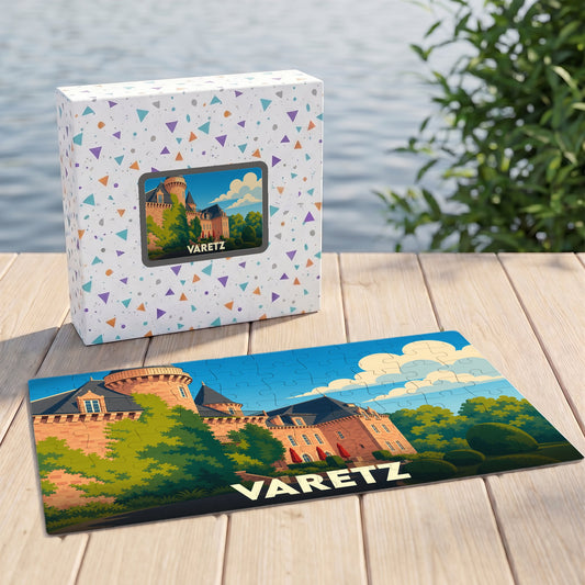 Puzzle souvenir de la ville de Varetz avec une illustration stylisée d'un château.