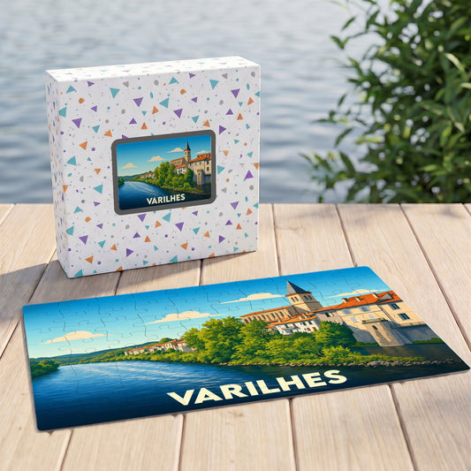 Puzzle souvenir de la ville de Varilhes avec une illustration stylisée d'un paysage fluvial.