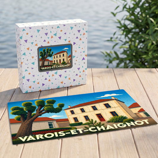 Puzzle souvenir de la ville de Varois-et-Chaignot avec une illustration stylisée.