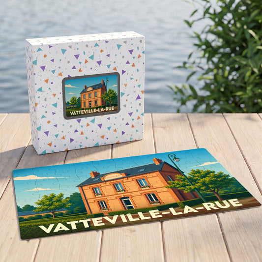 Puzzle souvenir de la ville de Vatteville-la-Rue avec une illustration stylisée de sa mairie.