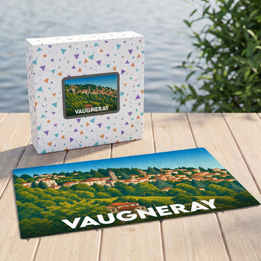 Puzzle souvenir de la ville de Vaugneray illustrant son paysage vallonné et arboré.