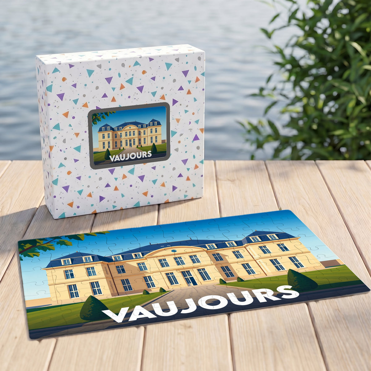 Puzzle souvenir de la ville de Vaujours avec une illustration stylisée de son château présentée sur une boîte et son modèle assemblé.