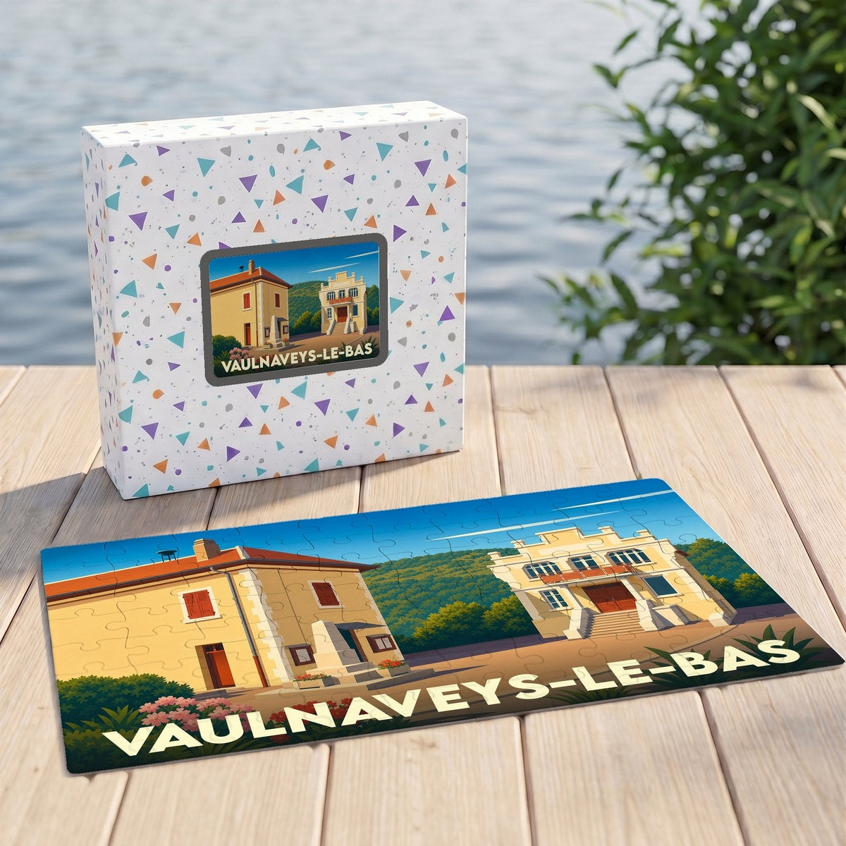 Puzzle souvenir de la ville de Vaulnaveys-le-Bas avec une illustration stylisée et colorée de ses bâtiments emblématiques.