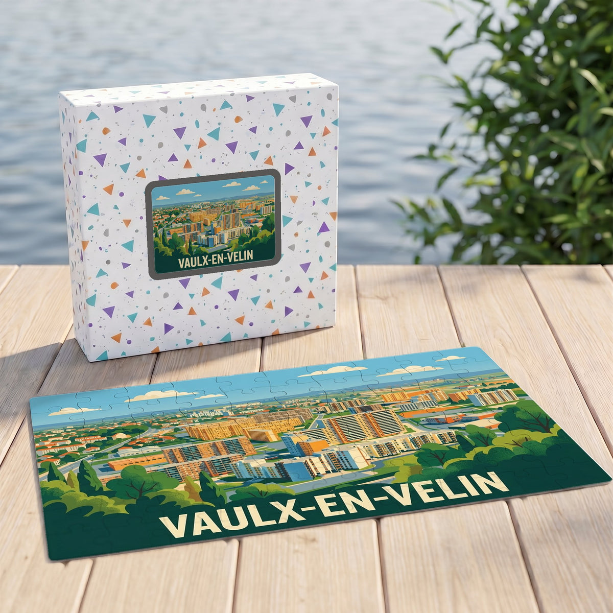 Puzzle souvenir de la ville de Vaulx-en-Velin avec une illustration panoramique colorée et stylisée.