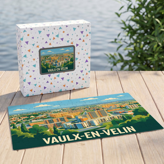 Puzzle souvenir de la ville de Vaulx-en-Velin avec une illustration panoramique colorée et stylisée.