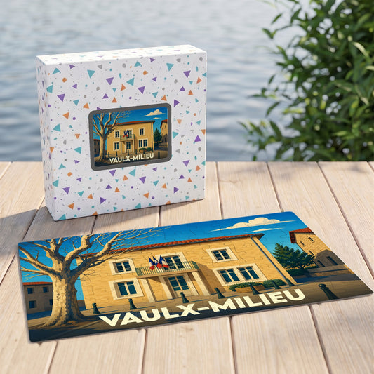 Puzzle souvenir de la ville de Vaulx-Milieu avec une illustration stylisée de sa mairie.