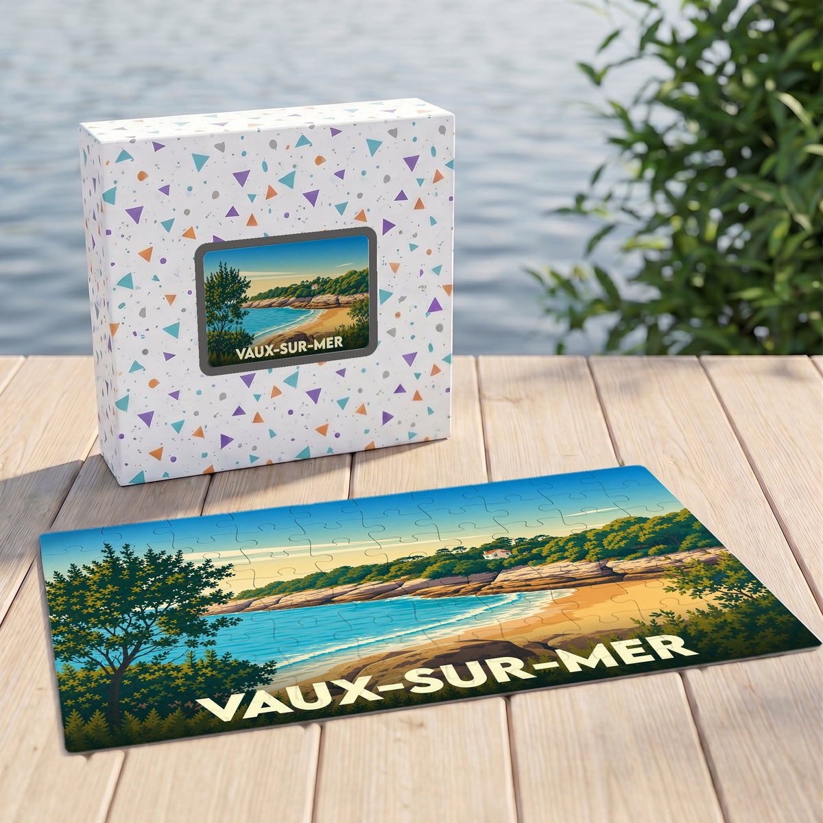 Puzzle souvenir de la ville de Vaux-sur-Mer avec une illustration stylisée de sa côte.