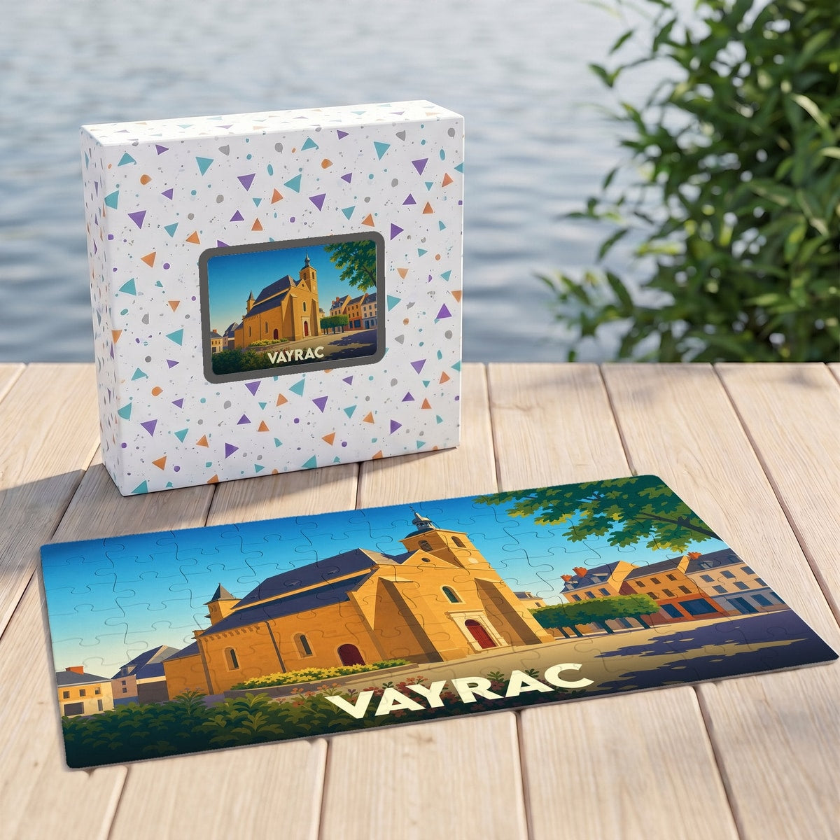 Puzzle souvenir de la ville de Vayrac avec une illustration stylisée d'une église ensoleillée.